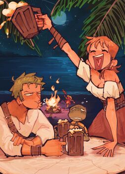 1girl 1other 2boys alcohol arm_support arm_up bare_shoulders beach beer beer_mug black_hair blue_shorts boned_meat breasts brown_skirt campfire cleavage closed_eyes commentary cowboy_shot cup drunk earrings fire food full_moon green_hair hat highres holding holding_cup horizon jewelry meat medium_breasts monkey_d._luffy moon mug multiple_boys nami_(one_piece) night night_sky ocean off-shoulder_shirt off_shoulder one_piece open_mouth orange_hair outdoors palm_tree puckered_lips red_vest roronoa_zoro sage_(redbeanp13) shirt short_hair shorts sitting skirt sky smile standing standing_on_one_leg star_(sky) starry_sky straw_hat straw_hat_pirates symbol-only_commentary tree tree_stump turtle upper_body vest white_shirt
