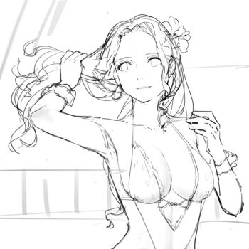 1girl armpits bikini blurry blurry_background breasts cleavage dorothea_arnault dorothea_arnault_(summer) fire_emblem fire_emblem:_three_houses fire_emblem_heroes flower hair_flower hair_ornament hand_in_own_hair hat hat_flower hibiscus j@ck large_breasts long_hair nintendo sketch smile solo stomach swimsuit tree unfinished