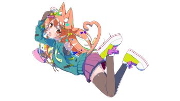 1girl alpha_transparency animal_ear_fluff animal_ears aqua_jacket black_thighhighs bow cat_ears cat_girl cat_tail double-parted_bangs drawstring fingerless_gloves fish_hair_ornament footwear_bow full_body gloves hair_ornament heart heart_tail hekicha highres jacket long_hair looking_at_viewer miniskirt multicolored_hair open_clothes open_jacket open_mouth orange_eyes orange_hair original paw_pose pet_food pink_bow platform_shoes pleated_skirt second-party_source skirt solo streaked_hair tail thighhighs transparent_background v-shaped_eyebrows