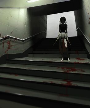 1girl arms_at_sides black_dress black_thighhighs blood blood_on_clothes blood_on_wall blood_splatter bloody_weapon ceiling_light chikapuka choker dagger dress dual_wielding facing_viewer fluorescent_lamp hair_ornament highres holding holding_weapon indoors knife railing shade sidelocks sleeveless sleeveless_dress solo spikes spy_x_family stairs standing stiletto_(weapon) thighhighs tile_wall tiles train_(clothing) two-sided_fabric two-sided_skirt weapon wrist_cuffs yor_briar