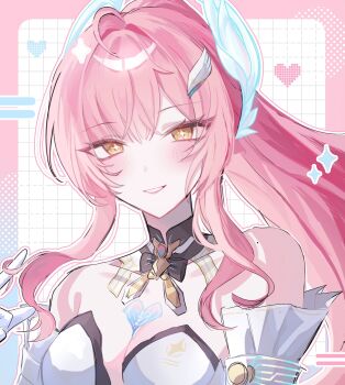 1girl aemeath_(wuthering_waves) ahoge bare_shoulders breasts cleavage commentary gloves hair_ornament highres long_hair looking_at_viewer medium_breasts parted_lips pink_hair smile solo soyogi_nrso star-shaped_pupils star_(symbol) symbol-shaped_pupils tacet_mark_(wuthering_waves) twirling_hair upper_body white_gloves wuthering_waves yellow_eyes