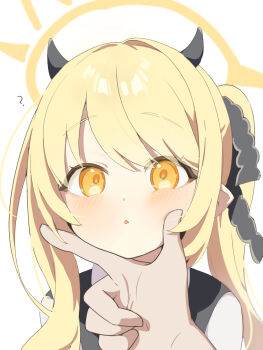 1girl 1other ? bamyamsj black_ribbon blonde_hair blue_archive blush commentary_request demon_girl demon_horns eyes_visible_through_hair hair_between_eyes hair_ribbon halo hand_on_another's_chin highres horns ibuki_(blue_archive) korean_commentary long_hair looking_at_viewer open_mouth pointy_ears portrait pov pov_hands ribbon shirt simple_background solo_focus swept_bangs twintails white_background white_shirt yellow_eyes yellow_halo