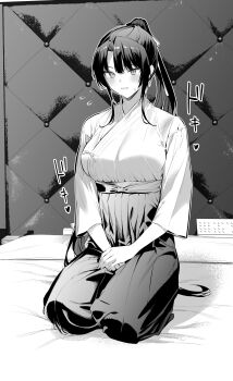 1girl absurdres blush breasts full_body greyscale highres hiiragi_yuuichi japanese_clothes kneeling large_breasts long_hair long_sleeves looking_at_viewer monochrome original parted_lips ponytail smile solo