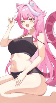 1girl absurdres animal_ears black_bra black_shorts blush bra breasts collarbone commentary english_commentary fangs highres holding hololive hololive_english large_breasts long_hair mimikaki multicolored_hair navel open_mouth panther_ears panther_girl panther_tail pink_hair pink_tail raora_panthera shorts simple_background skin_fangs smile solo stomach strap_slip streaked_hair tail thighs two-tone_hair underwear virtual_youtuber white_background yellow_eyes yuni_animal_(remyi_3)