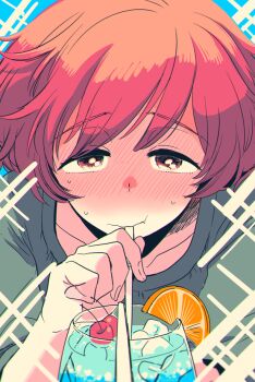 1girl :t akiyama_yukari blurry blurry_foreground blush brown_eyes brown_hair cherry closed_mouth commentary_request cup diffraction_spikes drink drinking_glass drinking_straw female_focus female_pov food frown fruit green_skirt half-closed_eyes holding holding_drinking_straw ice looking_at_viewer messy_hair orange_(fruit) orange_slice pov shared_drink short_hair short_sleeves skirt solo sweatdrop wavy_mouth yukataro yuri