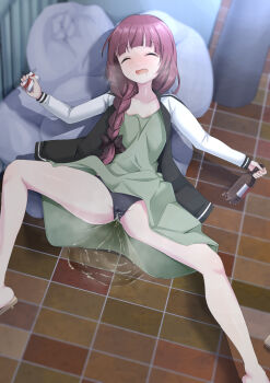 1girl ^_^ alcohol beer black_bow black_jacket black_panties blunt_bangs blurry blush bocchi_the_rock! bottle bow braid breasts breath brown_footwear cameltoe peeing closed_eyes collarbone depth_of_field dress drink drinking_straw drooling drunk fang female_focus geta green_dress hair_bow hair_over_shoulder hand_up happy highres hiroi_kikuri holding holding_bottle holding_drink jacket juice_box long_hair long_sleeves lying ms_himematu nose_blush on_back open_clothes open_jacket open_mouth outdoors panties pantyshot pee peeing peeing_self public_indecency puddle raglan_sleeves railing red_hair saliva sandals shiny_skin sidelocks single_braid single_sandal small_breasts smile solo spread_legs steam thighs tile_floor tiles trash_bag underwear upskirt white_sleeves