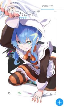 1girl aqua_eyes blue_hair brown_dress brown_pantyhose caramel_pain_(hoshimachi_suisei) chef_hat climbing clip_studio_paint closed_mouth commentary_request dress from_above hair_between_eyes hand_rest hat heart highres holding hololive hoshimachi_suisei kama_boko17 licking_lips like_and_retweet long_sidelocks looking_at_viewer multicolored_dress orange_pantyhose pantyhose sidelocks solo star_(symbol) star_in_eye striped_clothes striped_pantyhose symbol_in_eye through_medium tongue tongue_out twitter two-tone_pantyhose user_interface virtual_youtuber white_dress white_hat