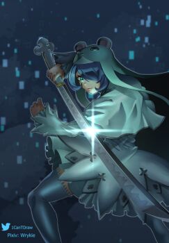 Rule 34 | 1girl, absurdres, blue background, blue eyes, blue hair, cowboy shot, cross-shaped pupils, digimon, digimon (creature), dress, hair over one eye, highres, holding, holding sword, holding weapon, katana, richard park, sistermon ciel, solo, sword, symbol-shaped pupils, weapon, white dress
