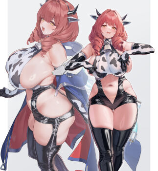 Rule 34 | 1girl, animal ears, animal print, azur lane, bell, blue coat, breasts, brown hair, coat, commentary request, cow ears, cow horns, cow print, cow print gloves, cowbell, cowpens (azur lane), drill hair, elbow gloves, gloves, highres, horns, huge breasts, long hair, looking at viewer, mature female, multiple views, navel, neck bell, open mouth, print gloves, simple background, single bare shoulder, standing, thighhighs, twin drills, u-suke (supertie), white background, yellow eyes