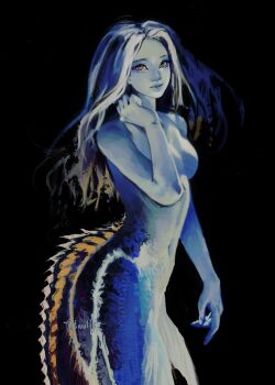 1girl absurdres aegyo_sal angelfish arched_back blue_hair blue_skin colored_skin fish from_side hand_up highres long_hair looking_at_viewer mermaid monster_girl nude orange_eyes original solo twulfs