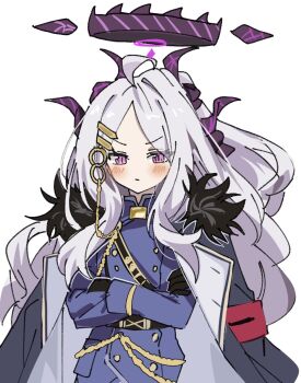 1girl ahoge belt black_coat black_gloves black_halo black_horns blue_archive blush coat coat_on_shoulders crossed_arms demon_horns fur-trimmed_coat fur_trim gloves grey_hair hair_over_shoulder halo highres hina_(blue_archive) horns jacket long_hair long_sleeves looking_at_viewer multiple_horns open_clothes open_coat parted_bangs pink_eyes purple_jacket sam_browne_belt simple_background solo syst098 upper_body very_long_hair white_background