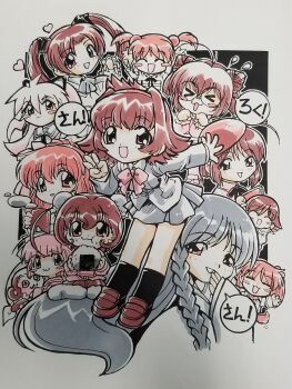 &gt;_&lt; 6+girls :3 :t ahoge beret bow bowtie braid braided_sidelock bun_cover chibi closed_mouth commentary cone_hair_bun cup double_bun eating everyone flying_sweatdrops food food_on_face glasses hair_between_eyes hair_bun hair_ribbon hairband hamster_no_kurumi hand_to_own_mouth hat heart hebi_no_yuki highres holding holding_cup inko_no_tsubasa inu_no_nana jacket kaeru_no_ruru kame_no_ayumi kingyo_no_ran kitsune_no_akane kokomahi loafers long_hair long_sleeves looking_at_viewer medium_hair middle_w monkey monochrome multiple_girls neck_ribbon neko_no_tamami onigiri open_mouth parted_lips pleated_skirt red_theme ribbon round_eyewear saru_no_momo school_uniform shoes short_hair skirt sleeves_past_wrists smile socks speech_bubble tanuki_no_midori tenshi_no_shippo thighhighs traditional_media twintails usagi_no_mika w