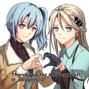 Rule 34 | 2girls, artist name, blonde hair, blue hair, braid, claire rieveldt, commentary, crown braid, double-parted bangs, eiyuu densetsu, elaine auclair, english commentary, green eyes, highres, jacket, light smile, looking at viewer, multiple girls, oxygen00, scrunchie, sen no kiseki (series), side ponytail, simple background