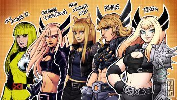 Rule 34 | abs, absurdres, armor, belt, black lips, blonde hair, blue eyes, cleavage cutout, clothing cutout, crop top, elbow spikes, hair horns, highres, jacket, kermittend, magik (x-men), marvel, marvel rivals, marvel tokon: fighting souls, multiple persona, muscular, muscular female, new mutants, official alternate costume, pauldrons, shoulder armor, shoulder spikes, single pauldron, spiked pauldrons, spikes, superhero costume, the new mutants, toned, toned female, x-men, x-men film series, x-uniform