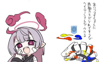 1girl :d bell binah_(blue_archive) blue_archive chibi fangs grey_hair grey_kimono hand_up japanese_clothes jingle_bell kimono long_hair long_sleeves miranofuudoria open_mouth pointy_ears purple_eyes robot shuro_(blue_archive) simple_background sleeveless sleeveless_kimono sleeves_past_wrists smile translation_request white_background