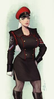 black_boots black_jacket black_pantyhose black_skirt blue_eyes boots devilhs gloves hat highres jacket knee_boots long_hair looking_at_viewer military_hat military_uniform original pantyhose signature skirt solo standing white_gloves white_hair