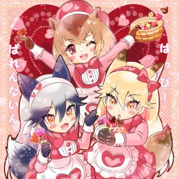 3girls alternate_costume animal_ears apron blush bow bowtie brown_hair bucket candy capybara_(kemono_friends) capybara_ears capybara_girl chiffon commentary_request dress extra_ears ezo_red_fox_(kemono_friends) food fox_ears fox_girl fox_tail frilled_apron frills grey_hair hair_between_eyes hair_bow hairband kemono_friends long_hair long_sleeves matching_outfits multicolored_hair multiple_girls orange_eyes orange_hair pink_bow pink_bowtie pink_dress pink_shirt shirt short_hair sidelocks silver_fox_(kemono_friends) tail valentine white_apron
