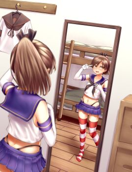 1girl absurdres bed black_hairband black_neckerchief black_panties black_sailor_collar blue_sailor_collar blue_skirt brown_hair bunk_bed commentary cosplay crop_top elbow_gloves full-length_mirror gloves hairband highleg highleg_panties highres kantai_collection microskirt miniskirt mirror neckerchief ohaduke panties pleated_skirt ponytail reflection sailor_collar school_uniform serafuku shikinami_(kancolle) shikinami_kai_ni_(kancolle) shimakaze_(kancolle) shimakaze_(kancolle)_(cosplay) short_hair sideways_glance skirt sleeveless solo striped_clothes striped_thighhighs thighhighs underwear unworn_clothes v v_over_eye walk-in white_gloves