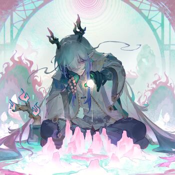 Rule 34 | 1boy, absurdres, arknights, bead bracelet, beads, blue hands, blue streaks, bonsai, bracelet, chengnanbunancheng, chinese commentary, closed mouth, colored extremities, commentary request, dragon boy, dragon horns, dragon tail, earrings, eastern dragon horns, eastern dragon tail, flower pot, full body, glowing, green streaks, grey hair, hair between eyes, hand on own cheek, hand on own face, highres, horns, jacket, jewelry, long hair, long sleeves, looking down, male focus, multicolored hair, ofuda earrings, pants, pink eyes, pointy ears, sitting, smile, solo, streaked hair, tail, white jacket, yi (arknights)