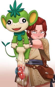 1boy absurdres after_vaginal aftersex banjizy bestiality blush brown_hair clothed_sex cum cum_in_pussy cum_on_body cum_on_penis embarrassed english_text gradient_background highres huge_penis looking_at_viewer medium_hair monkey palworld penis sex simple_background size_difference sweat tanzee veins veiny_penis white_background