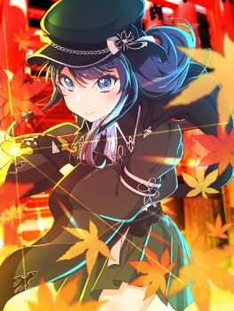 >:) 1girl absurdres autumn_leaves black_gloves black_hat black_necktie black_skirt blue_eyes blue_hair closed_mouth collared_shirt commentary_request fingerless_gloves flower garand_flash_(love_live!) gloves hat highres holding holding_sword holding_weapon leaf link!_like!_love_live! long_hair looking_at_viewer love_live! maple_leaf miniskirt murano_sayaka necktie pleated_skirt sheath shirane_nanimo shirt skirt smile solo sword unsheathing v-shaped_eyebrows weapon white_shirt