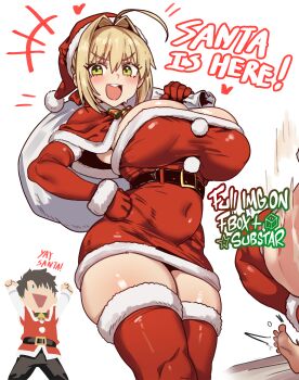 +++ 1boy 1girl :d absurdres ahoge alternate_costume bag barefoot bell belt belt_buckle black_belt black_hair blonde_hair blue_eyes blush boots bow buckle capelet carrying_over_shoulder covered_navel cropped deformed dress ebora elbow_gloves english_text fate/grand_order fate_(series) fujimaru_ritsuka_(male) fur-trimmed_boots fur-trimmed_capelet fur-trimmed_dress fur-trimmed_gloves fur_trim girl_on_top gloves hair_between_eyes hair_bow hair_intakes hand_on_own_hip hat heart highres holding holding_bag implied_sex looking_at_viewer medium_hair motion_lines multiple_views nero_claudius_(fate) open_mouth paid_reward_available pom_pom_(clothes) raised_fists red_boots red_bow red_capelet red_gloves santa_costume santa_dress santa_hat shiny_skin short_hair sidelocks simple_background sleeveless sleeveless_dress smile spread_toes teeth thigh_boots thighhighs toes twitching upper_teeth_only white_background zettai_ryouiki |_|