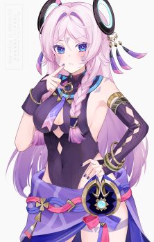 Rule 34 | 1girl, absurdres, asymmetrical gloves, black gloves, black leotard, blue eyes, blue gemstone, blush, braid, breasts, citlali (genshin impact), cleavage, closed mouth, commentary request, covered navel, cryo symbol (genshin impact), fingerless gloves, fingernails, floating headgear, gem, genshin impact, gloves, hand on own hip, hand up, headgear, heattech leotard, highleg, highleg leotard, highres, leotard, light frown, long hair, looking at viewer, medium breasts, multicolored hair, nail polish, partial commentary, pink hair, pink pupils, purple hair, purple nails, purple skirt, simple background, skirt, sleeveless, sleeveless turtleneck, small sweatdrop, solo, tsyumaru (tyuryumaryu), turtleneck, twin braids, uneven gloves, very long hair, vision (genshin impact), white background