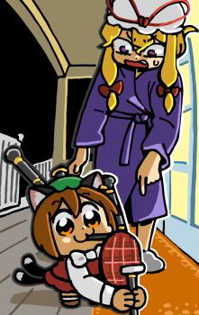 2girls :3 animal_ear_fluff animal_ears bagpipes bkub blonde_hair bow brown_eyes cat_ears cat_girl cat_tail chen chibi closed_mouth double-parted_bangs full_body green_hat hair_between_eyes hair_bow hat hat_ribbon highres instrument long_sleeves looking_at_viewer mob_cap multiple_girls multiple_tails open_mouth purple_eyes purple_robe red_bow red_ribbon red_shirt ribbon robe shirt short_hair standing sweatdrop tail touhou two_tails white_hat yakumo_yukari