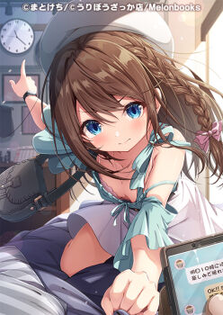 1boy 1girl bag bare_shoulders beret blue_eyes blue_shirt blush bow bow_bra bra braid breasts brown_hair calendar_(object) cellphone clock closed_mouth collarbone day downblouse grey_pants hair_between_eyes hair_bow handbag hat holding holding_phone indoors long_hair looking_at_viewer matokechi melonbooks off-shoulder_shirt off_shoulder official_art original pants phone pink_bow pointing shirt skirt small_breasts sunlight underwear v-shaped_eyebrows very_long_hair wall_clock white_hat white_shirt white_skirt window