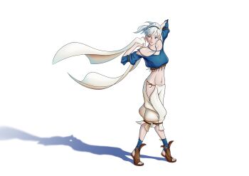 Rule 34 | 1girl, absurdres, adelle ein, black headband, bravely default (series), bravely default ii, brown sandals, commentary, criss-cross halter, crop top, grey hair, halterneck, headband, highres, pants, sandals, shadow, sikap-gm, white pants