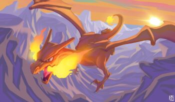 2023 acecore2k breath_weapon breathing_fire charizard claws colored_skin commentary creature creature_focus dragon english_commentary fire flying gen_1_pokemon highres horns mountain nintendo no_humans open_mouth orange_horns orange_skin orange_sky orange_wings pokemon pokemon_(creature) pokemon_focus sharp_teeth signature sky tail teeth wings