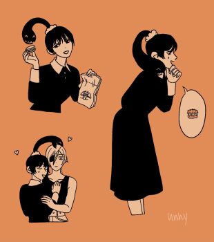 2girls arms_around_shoulders arms_around_waist bag bare_arms bare_shoulders belt black_dress black_hair black_tank_top blush chainsaw_man closed_eyes collarbone dress expressionless eyebrows eyelashes eyepatch female_focus fingernails food hair_between_eyes hair_tie hand_on_another's_chest heart high_ponytail highres hug l1nhy living_hair long_hair low_ponytail macaron multiple_girls one_eye_covered orange_background pale_skin paper_bag pingtsi_(chainsaw_man) ponytail profile quanxi_(chainsaw_man) scrunchie sleeveless smile speech_bubble tank_top watermark white_hair yuri