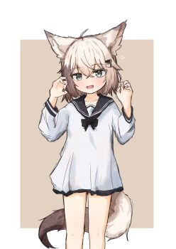 1girl :d absurdres animal_ears black_sailor_collar border borrowed_character brown_background claw_pose commentary_request fang fox_ears fox_girl fox_tail green_eyes grey_hair hair_ornament hairclip hands_up highres kuon_(meguru_1225) long_sleeves looking_at_viewer multicolored_hair n_(nxecution) no_pants open_mouth original sailor_collar sailor_shirt shirt skin_fang smile tail two-tone_background two-tone_hair white_background white_shirt