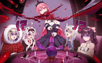 !? 5girls absurdres ahoge alternate_costume alternate_hairstyle ama_(pixiv_50406250) amanogawa_shiina amanogawa_shiina_(1st_costume) black_collar black_dress black_feathers black_hair black_hairband black_horns black_jacket black_tiara blonde_hair blood blood_spray blue_eyes blue_shirt blunt_ends blurry blurry_foreground blush bow bowtie breasts breath candle center-flap_bangs character_print cleavage clock collar collared_shirt commentary crystal_ball cuckoo_clock decapitation double-parted_bangs down_jacket dress english_commentary eyepatch eyes_visible_through_hair fang feathers frilled_collar frilled_dress frilled_hairband frills fur-trimmed_hoodie fur_trim guro h2osakana hair_between_eyes hair_bow hair_ornament hair_over_one_eye hairband head_wings high_ponytail highres himemiya_rie hood hoodie horns indoors jacket layered_clothes long_hair looking_ahead looking_at_another looking_up mole mole_under_eye multicolored_hair multiple_girls official_alternate_hairstyle one_eye_covered open_clothes open_jacket open_mouth open_shirt orb pentagram phase_connect pink_bow pink_eyes pink_hair ponytail purple_eyes red_bow red_bowtie red_eyes red_hair red_hoodie remilia_nephys rinkou_ashelia rinkou_ashelia_(lia_3.0) runie_ruse scissors_hair_ornament shaded_face shirt sitting sparkle streaked_hair surprised tassel teeth tiara two_side_up upper_teeth_only virtual_youtuber wavy_hair white_bow white_hair white_wings wings zipper