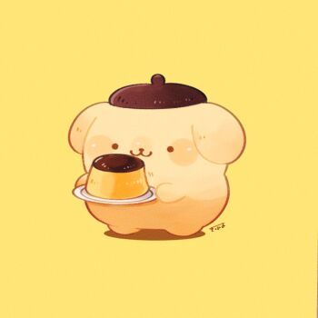 :3 closed_mouth commentary food holding holding_plate no_humans plate pompompurin pudding sanrio simple_background solo symbol-only_commentary tenmiyakiyo yellow_background