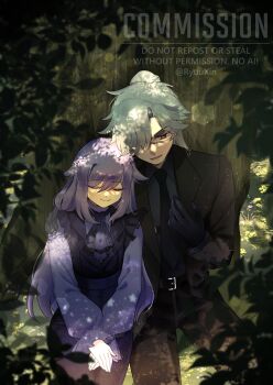 1boy 1girl absurdres belt belt_buckle black_belt black_gloves black_jacket black_necktie black_pants black_suit blurry blurry_foreground buckle closed_eyes commentary commission double-parted_bangs dress english_commentary formal_clothes gloves grey_hair hair_between_eyes hair_over_one_eye hand_on_another&#039;s_shoulder highres jacket long_hair long_sleeves looking_down necktie one_eye_covered open_mouth original own_hands_together pants parted_bangs purple_dress purple_hair red_eyes ryuuxin smile suit swept_bangs watermark