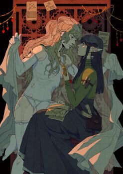 2girls absurdres arm_strap bag black_hair black_skirt blonde_hair bone commentary earclip earrings elbow_gloves english_commentary eye_contact from_side garter_belt glasses gloves green_sweater half_updo highres ionomycin jewelry lace lace-trimmed_gloves lace-trimmed_thighhighs lace_trim long_hair long_skirt looking_at_another multiple_girls original pale_skin panties parted_lips pendant pentagram pointy_ears profile scroll see-through_body sitting skirt skull_earrings straight_hair sweater thighhighs torn_clothes torn_thighhighs turtleneck turtleneck_sweater undershirt underwear veil wavy_hair white_gloves white_panties yuri