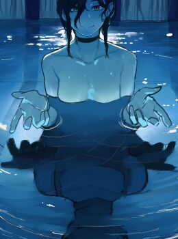 1girl 428_(april28th) absurdres black_choker black_hair bomb_devil_(chainsaw_man) breasts chainsaw_man choker closed_mouth commentary_request different_reflection green_eyes highres looking_at_viewer partially_submerged pool reflection reflective_liquid reze_(chainsaw_man) small_breasts smile solo wet wet_hair