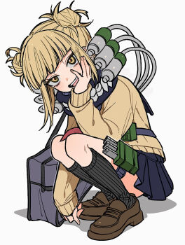 1girl bag bags_under_eyes blonde_hair blunt_bangs blush boku_no_hero_academia cardigan commentary double_bun eyelashes hair_bun hand_on_own_cheek hand_on_own_face highres kneehighs long_sleeves looking_at_viewer messy_hair open_mouth school_bag school_uniform shadow short_hair sidelocks simple_background skirt smile socks solo squatting teeth toga_himiko white_background xiao_(grsnss25) yellow_cardigan yellow_eyes