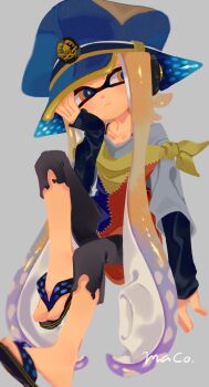1girl :< agent_3_(splatoon) arm_rest artist_name black_shirt blonde_hair blue_eyes blue_hat captain_3_(splatoon) closed_mouth collarbone commentary_request flip-flops gradient_hair grey_background grey_pants grey_shirt hand_on_own_cheek hand_on_own_face hat headphones highres inkling inkling_girl inkling_player_character invisible_chair layered_shirt layered_sleeves long_hair long_sleeves looking_to_the_side maco_spl multicolored_eyes multicolored_hair nintendo no_socks off_shoulder orange_eyes pants patchwork_clothes peaked_cap purple_hair sandals shirt short_over_long_sleeves short_sleeves simple_background sitting solo splatoon_(series) splatoon_3 suction_cups tentacle_hair torn_clothes torn_pants twintails two-tone_eyes two-tone_hair very_long_hair yellow_pupils