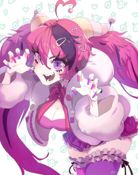 1girl ahoge blush claw_pose commentary demon_girl demon_horns earrings english_commentary epebe frilled_skirt frills fur-trimmed_jacket fur_trim hair_ornament hairpin heart heart_ahoge heart_earrings heart_hair_ornament horns ironmouse ironmouse_(trickstar) jacket jewelry long_hair looking_at_viewer multicolored_nails nail_polish open_mouth pink_hair pink_jacket pink_nails pink_shirt pink_thighhighs purple_eyes purple_nails purple_skirt purple_streaks purple_thighhighs sharp_teeth shirt skirt smile solo teeth thighhighs twintails very_long_hair virtual_youtuber vshojo