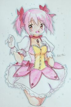 bow bow_choker breasts bubble_skirt buttons choker cleavage gloves hair_bow highres kaname_madoka kaname_madoka_(magical_girl) magical_girl mahou_shoujo_madoka_magica mahou_shoujo_madoka_magica_(anime) pink_eyes pink_hair puffy_short_sleeves puffy_sleeves red_choker short_hair short_sleeves short_twintails skirt soul_gem tani_gorira twintails
