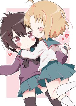 Rule 34 | 2girls, a channel, black hair, black thighhighs, blu, closed eyes, closed mouth, feet out of frame, female focus, hair between eyes, heart, ichii tooru, ksrg25, long sleeves, momoki run, multiple girls, open mouth, school uniform, serafuku, short hair, skirt, socks, standing, sweat, thighhighs, white socks