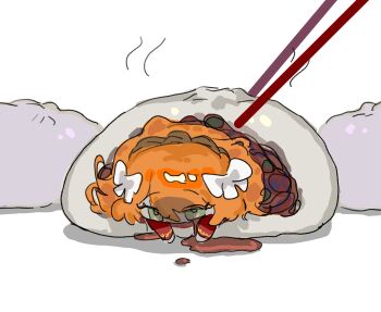 steamed_bun bow chibi chopsticks food green_eyes hair_bow highres imminent_cannibalism in_food ishmael_(project_moon) limbus_company liu_association_south_uniform lying mini_person minigirl on_stomach orange_hair project_moon u87654321111111