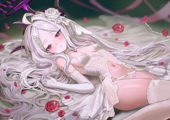 Rule 34 | 1girl, absurdres, ariko (aaaaarik), blue archive, blush, breasts, commentary, elbow gloves, flower, gloves, hair flower, hair ornament, hair spread out, halo, highres, hina (blue archive), horns, looking at viewer, multiple horns, navel, panties, parted lips, pendant choker, petals, purple eyes, red flower, red petals, small breasts, solo, thighhighs, underwear, white gloves, white hair, white panties, white thighhighs