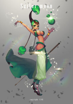 1girl absurdres arm_up ass bad_id bad_pixiv_id bindi bishoujo_senshi_sailor_moon bishoujo_senshi_sailor_moon_supers breasts copyright_name female_focus full_body green_eyes green_hair grey_background highres impossible_clothes junjun_(sailor_moon) large_breasts long_hair matching_hair/eyes pants revealing_clothes smile solo wrist_cuffs yamijam