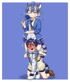 1boy 1girl @_@ adansosutega animal_ears animal_print bike_shorts bike_shorts_under_shorts blazer blue_flower blue_hair blue_jacket blue_rose blue_skirt blue_trim blush boots brown_hair brown_shorts captain_(kemono_friends) collared_shirt embarrassed extra_ears femdom flower garter_straps gloves grey_hair head_between_thighs highres jacket kemono_friends kemono_friends_3 long_sleeves looking_at_viewer maltese_tiger_(kemono_friends) multicolored_hair necktie one_eye_closed open_clothes open_jacket open_mouth orange_boots plaid_clothes plaid_skirt plaid_trim pleated_skirt pocket print_necktie print_thighhighs rose safari_jacket scissorhold shirt shoes short_hair short_sleeves shorts simple_background skirt smile socks solo standing strangling struggling sweat tail thighhighs tiger_ears tiger_girl tiger_print tiger_tail tomboy translation_request transparent_background trembling white_gloves white_hair white_shirt white_shoes yellow_background yellow_eyes zettai_ryouiki
