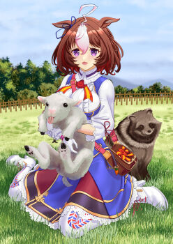 1girl ahoge animal_ears blush breasts commentary_request fence fukami_(trash_sp) goat grass hair_between_eyes hair_ornament headband highres horse_ears horse_girl horse_tail large_breasts looking_at_viewer medium_hair meisho_doto_(umamusume) open_mouth pantyhose purple_eyes raccoon seiza shoes sitting solo tail umamusume