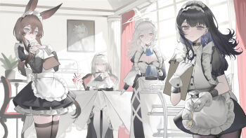 4girls :t absurdres alternate_costume amiya_(arknights) animal_ear_fluff animal_ears apron arknights arms_up bai_yao_(user_ygua7252) belt black_belt black_collar black_dress black_hair black_hairband blue_eyes blue_ribbon breasts brown_hair brown_thighhighs chinese_commentary cleavage clipboard closed_mouth collar collared_dress colored_inner_hair commentary_request dress earrings feet_out_of_frame frilled_apron frilled_dress frilled_hairband frills gloves grey_eyes grey_hair hair_between_eyes hairband halo hierda_(arknights) highres holding holding_clipboard holding_saucer holding_spoon holding_teapot jewelry kal&#039;tsit_(arknights) kal&#039;tsit_(maid)_(arknights) long_hair long_sidelocks long_sleeves looking_at_viewer maid maid_headdress multicolored_hair multiple_girls parted_lips portrait_(object) priestess_(arknights) puffy_sleeves purple_eyes purple_hair rabbit_ears rabbit_girl red_eyes ribbon saucer short_dress short_sleeves sidelocks sitting spoon standing table teapot thighhighs thighs two-tone_dress two-tone_hair vannini_(arknights) white_apron white_collar white_dress white_gloves white_halo white_thighhighs