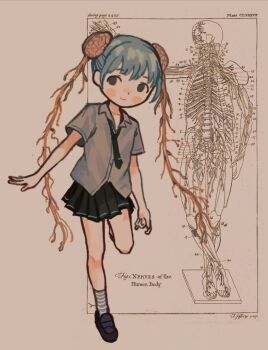 1girl anatomical_model arms_at_sides black_necktie black_shoes black_skirt blue_hair blush_stickers brain brown_background collared_shirt commentary dot_nose double_bun empty_eyes english_commentary english_text exposed_brain full_body grey_eyes grey_shirt grey_socks hair_bun io_(onisarashi) leg_up loafers looking_to_the_side necktie nervous_system original pleated_skirt shirt shoes short_hair simple_background skirt smile socks solo spinal_cord striped_clothes striped_socks